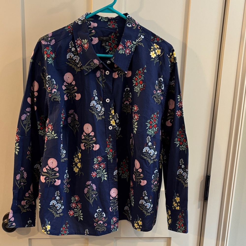 Talbots Navy Floral Button-Up Blouse 1X